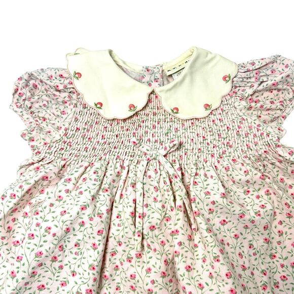 VTG Smocked Cotton Dress Puff Sleeve Embroidered Collar 18 Mth Pink Cottagecore - Picture 2 of 8
